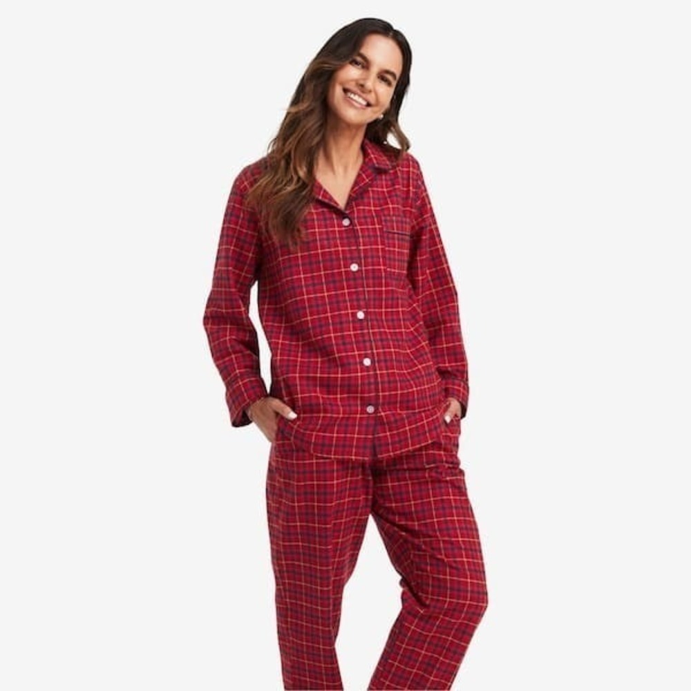 COMPANY STORE FAMILY FLANNEL PAJAMA BUTTON UP SET WOMENS M RED/BLUE